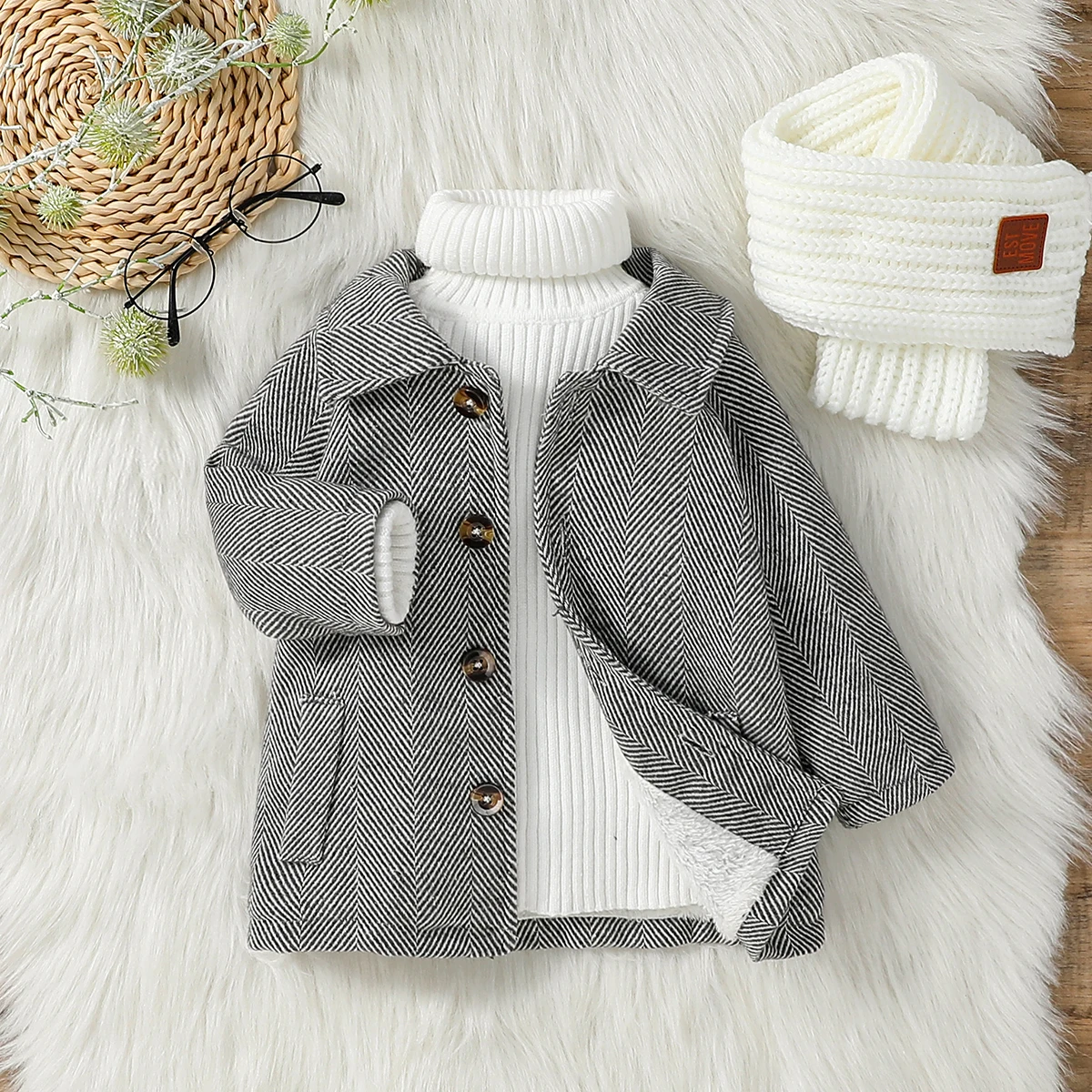 2024 New Baby Boys Long Sleeve Turn-down Collar Autumn/Winter Chevron Plush Fashion Coat With Pocket For 1-3Y Children Wear