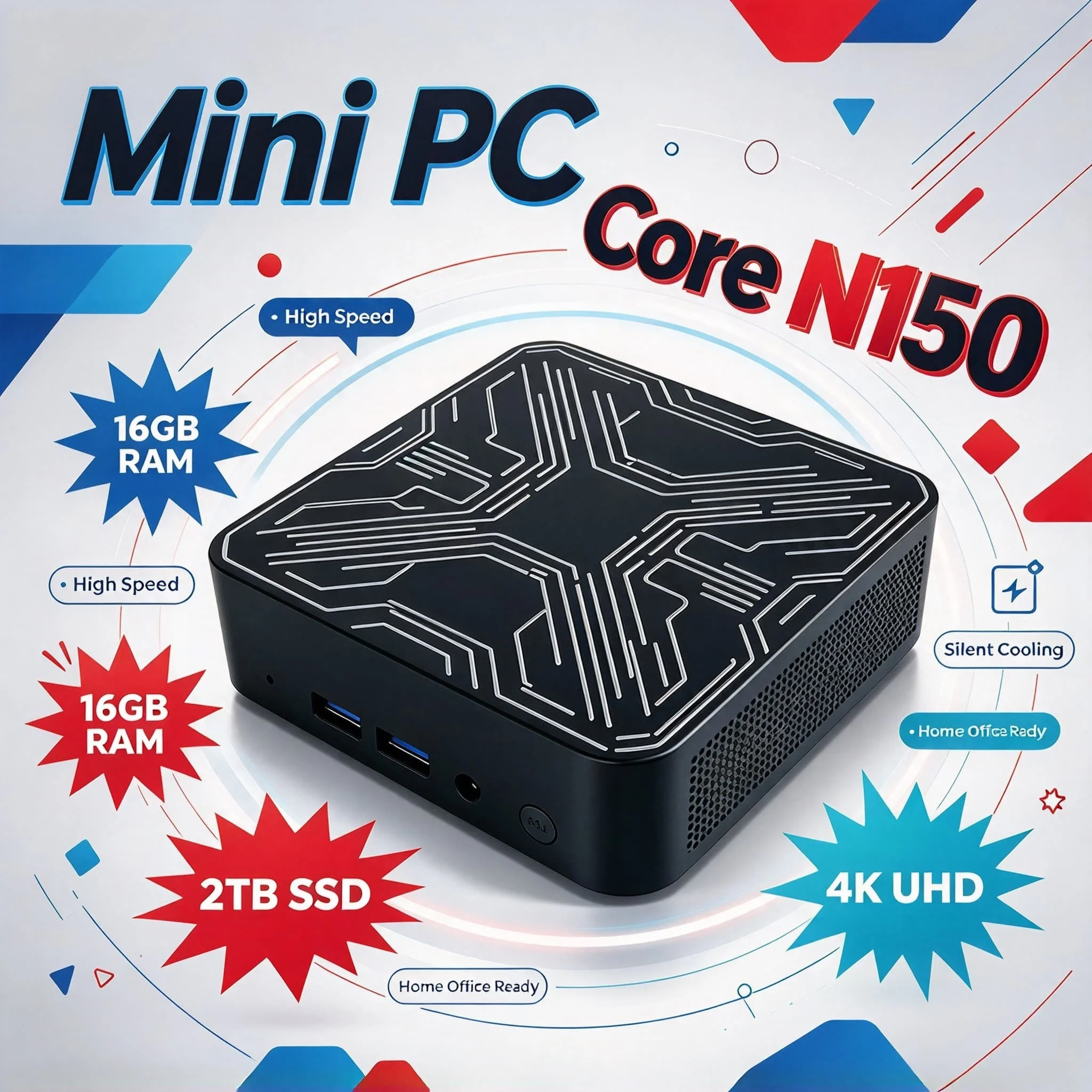 Intel N150 Mini Desktop Computer 16GB 2TB M.2 NVMe SSD Triple 4K WiFi6 Silent Cooling Efficient PC for Office Home 2026