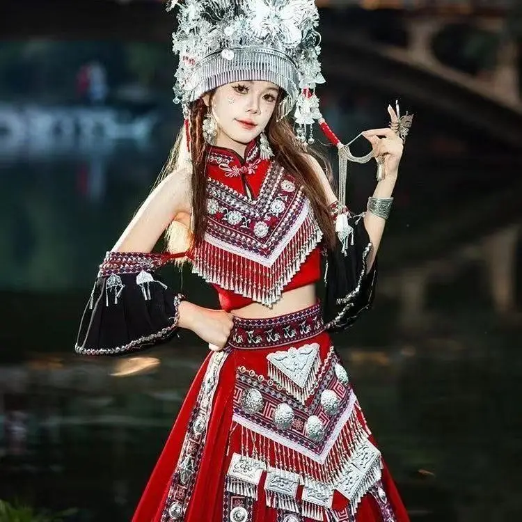

New National Style Women's Hmong Costume Traditional Chinese Ethnic Minority Miao Clothing Girl Carnival Event Stage Dance Skirt