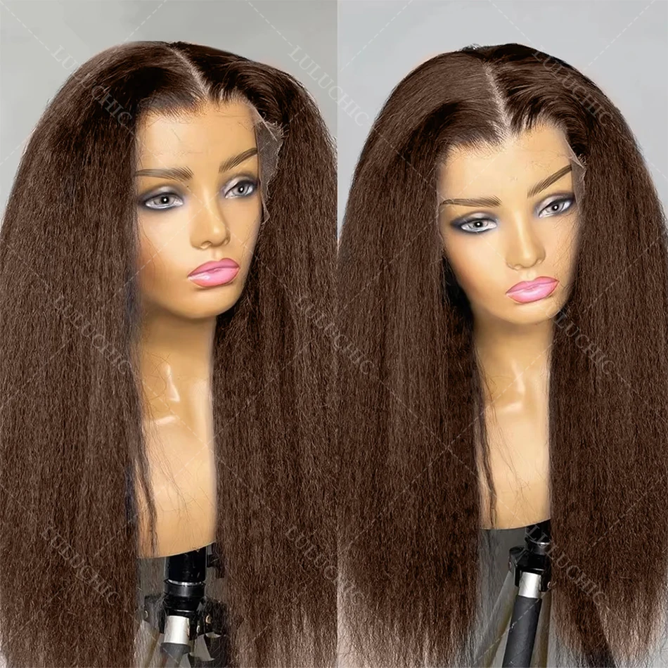 

Chocolate Brown Kinky Straight 13X6 Lace Front Wigs Colored 100% Human Hair Wig Pre Plucked Brazilian Brown Human Hair wig