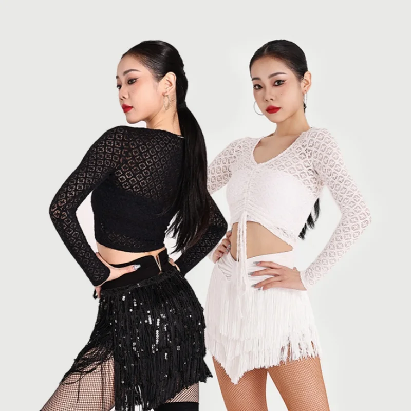 New Latin dance costume women's V-neck long sleeved top+tassel short skirt 2pcs girls tango chacha samba performance outfit