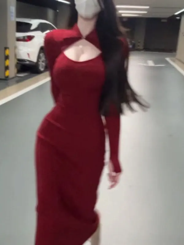 

Sexy Sli Red Knitted Dr Bodycon Long Skirt Autumn Trendy Streetwear Cotton Blend Comfortable Non-fading H-line Dr