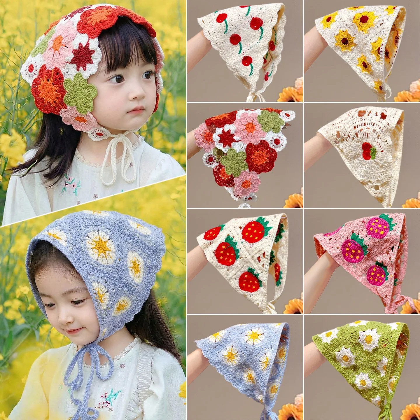 2026 Korean Sweet Cute Handmade Crochet Hollow Triangle Headband Towel Women Literary Photo Hair Scarf