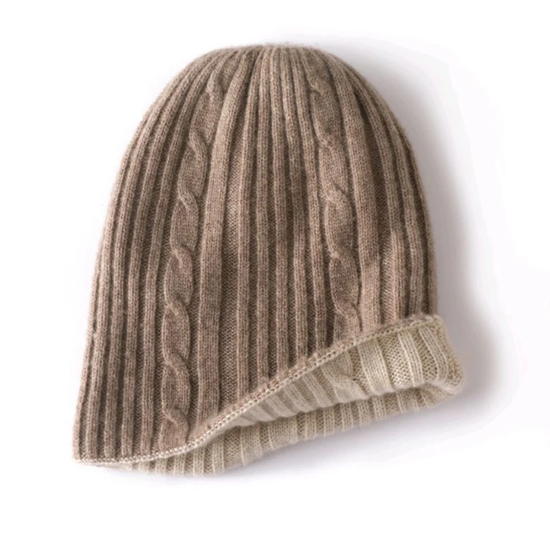 Reversible cashmere hat for men and women, double-layer warm hat, cable weaving, wool blend, casual style, outdoor