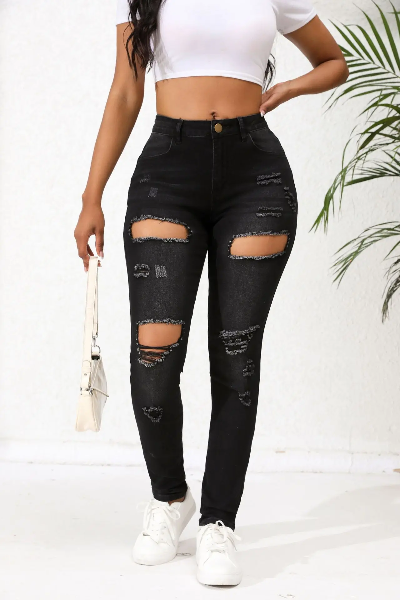 2024 New Women's Black Ripped Jeans Fashion High Stretch Skinny Denim Pencil Pants Casual Slim Trousers S-2XL