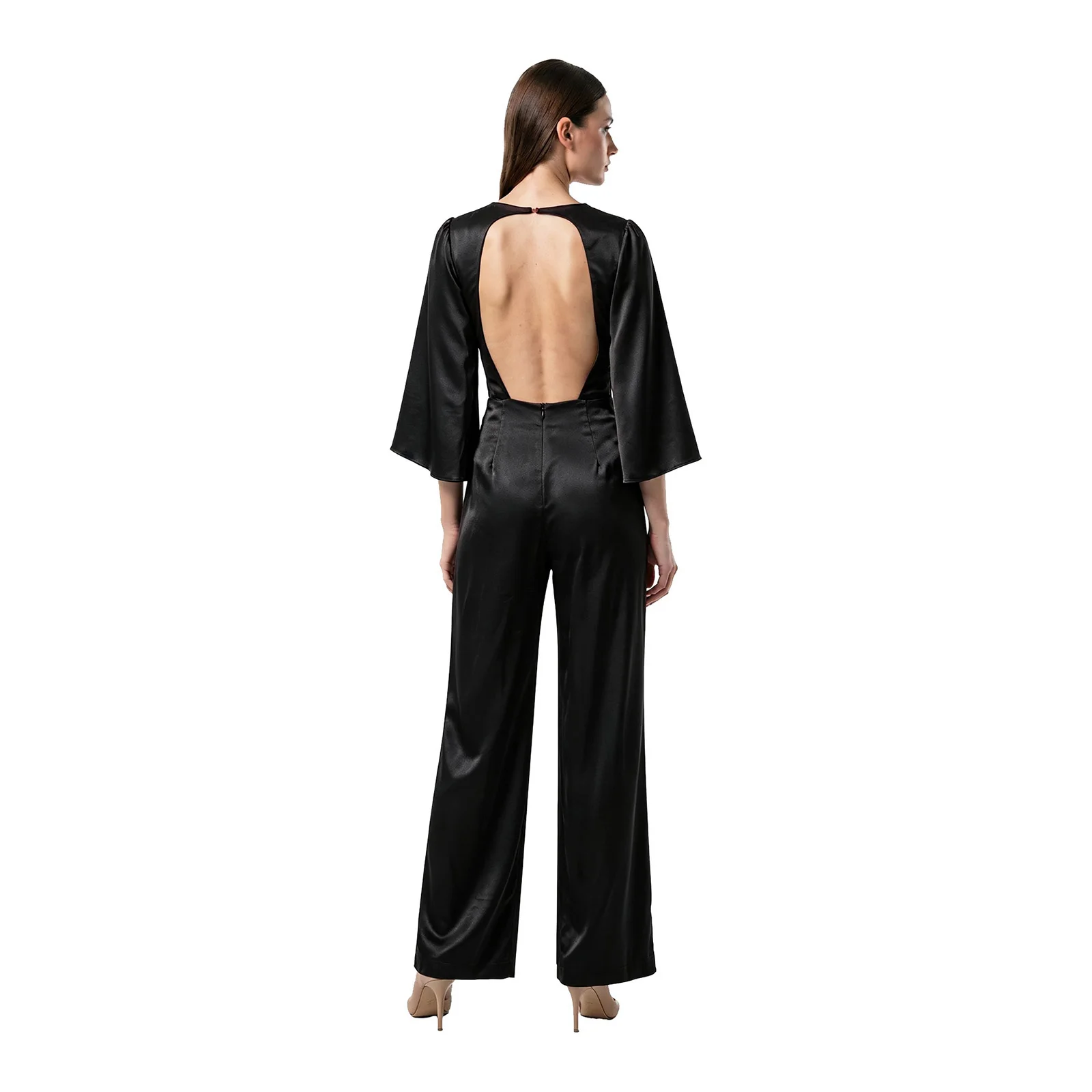 Womens Wedding Cocktail Vacation Jumpsuit Satin Hollow Out Waist V Neck Flared Sleeve Backless Back Zipper Wide Leg Romper