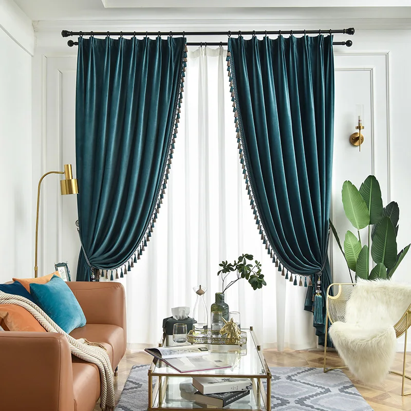 Custom Upscale American thick lake blue flunnel fabric living room velvet cloth blackout curtain tulle drape C1868