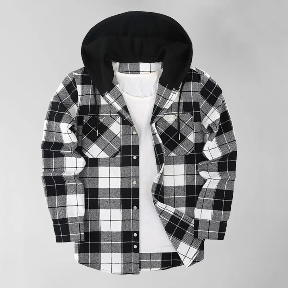 

Men Plaid Jacket Stylish Men's Hooded Casual Jacket with Drawstring Long Sleeve Single Breasted Coat Pockets Loose Fit for Men