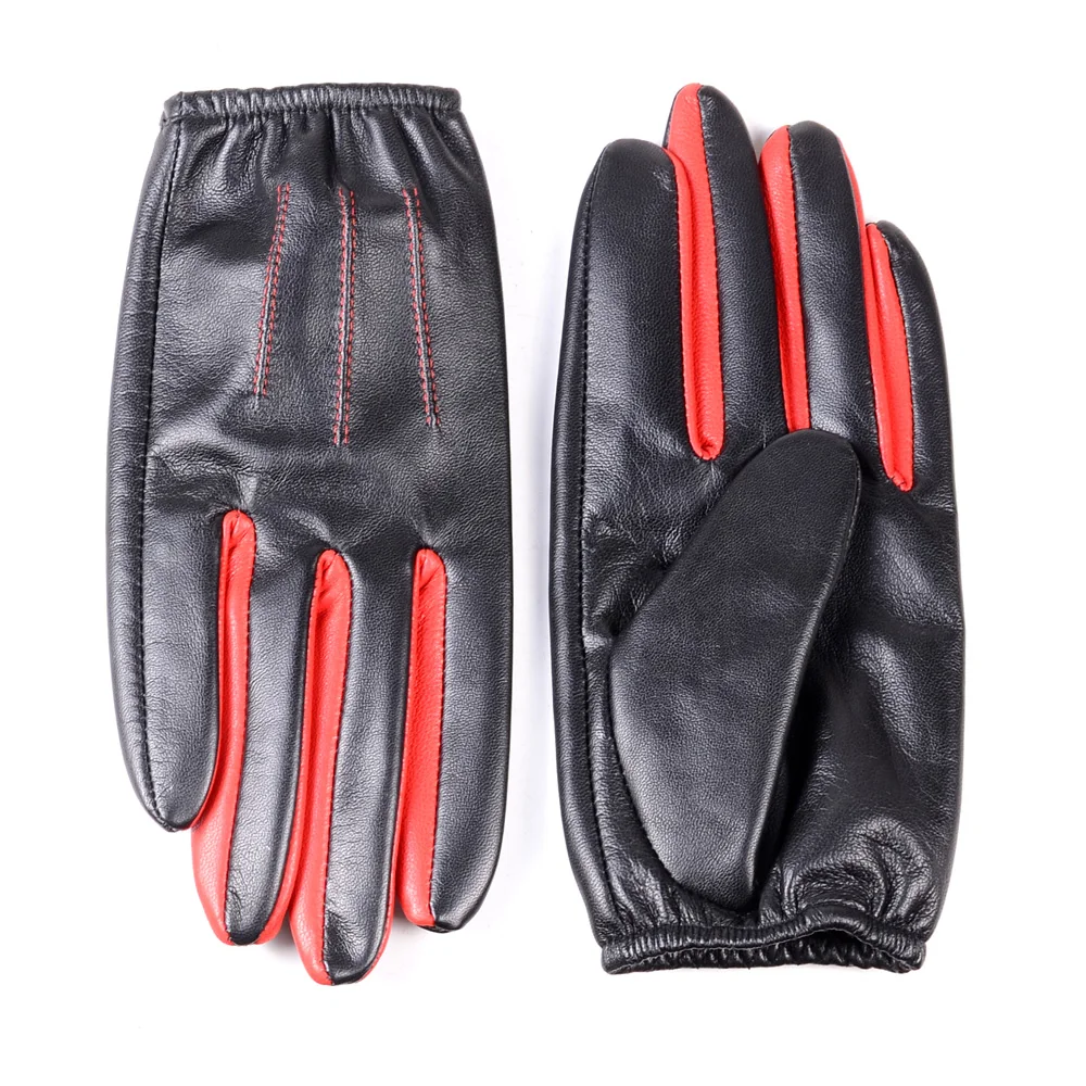 Leather Gloves Men Winter Black 100% Patent Leather Mittens Male Contrast Color Touch Screen Short Elastic Wrist Guantes Moto