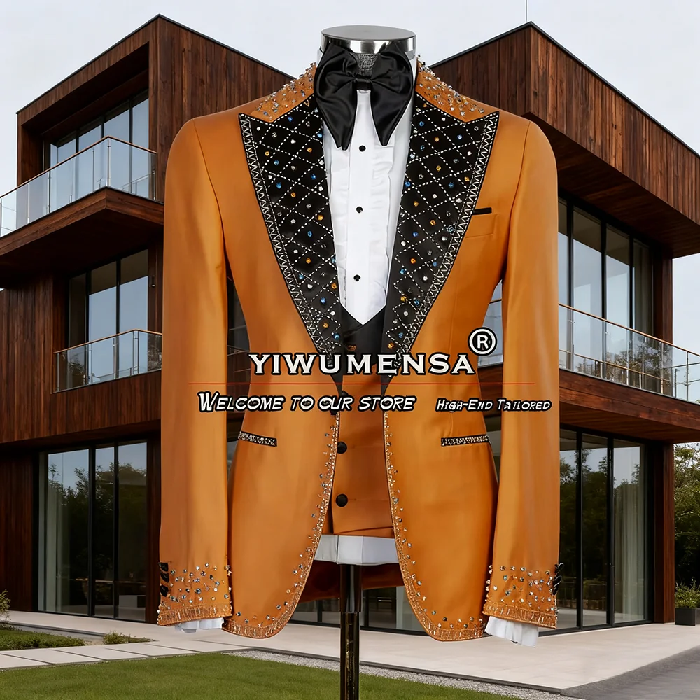 

Suits Men For Wedding Colorful Beads Jacket Vest Pants 3 Pcs Formal Groom Tuxedos Prom Party Man Blazer Traje Hombre Customized