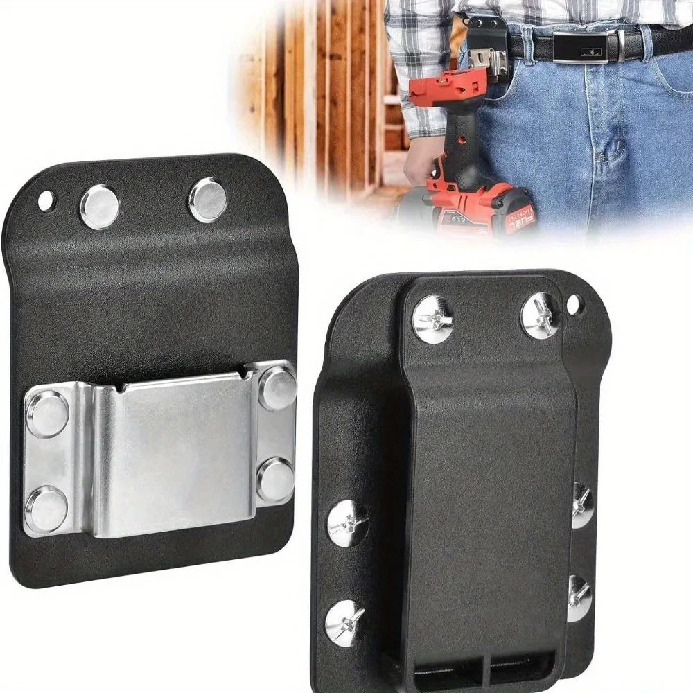 Metal Tape Measure Clip Holder with Drill Hook,Stainless Steel Heavy-Duty Frame and Rivets, Fits Up to 2-Inch Belts