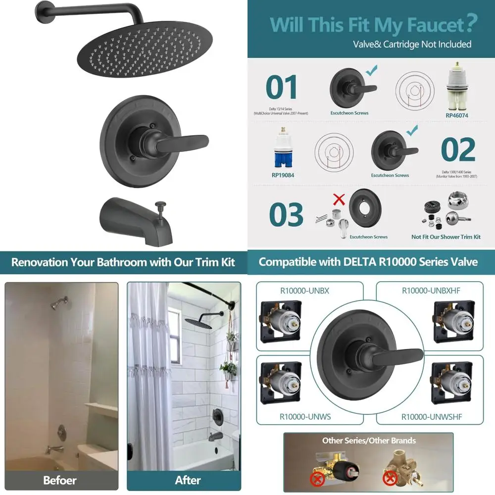 

High Pressure Round Shower Head and Handle Set for 13/14 Series Tub Trim Kits with Replacement Faucet, Enhanced Rainfall Shower