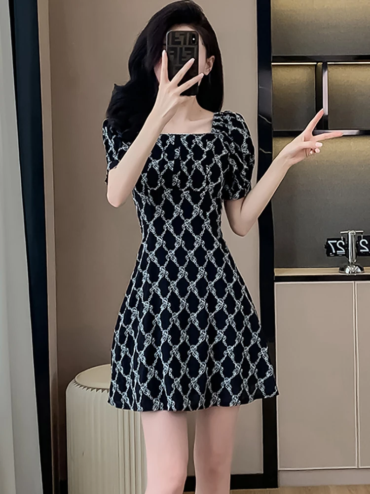 Black Print Plaid Chic Sqaure Collar New in Dress Women Summer Short Sleeve Casual Mini Dress 2024 Korean Elegant Bodycon Dress