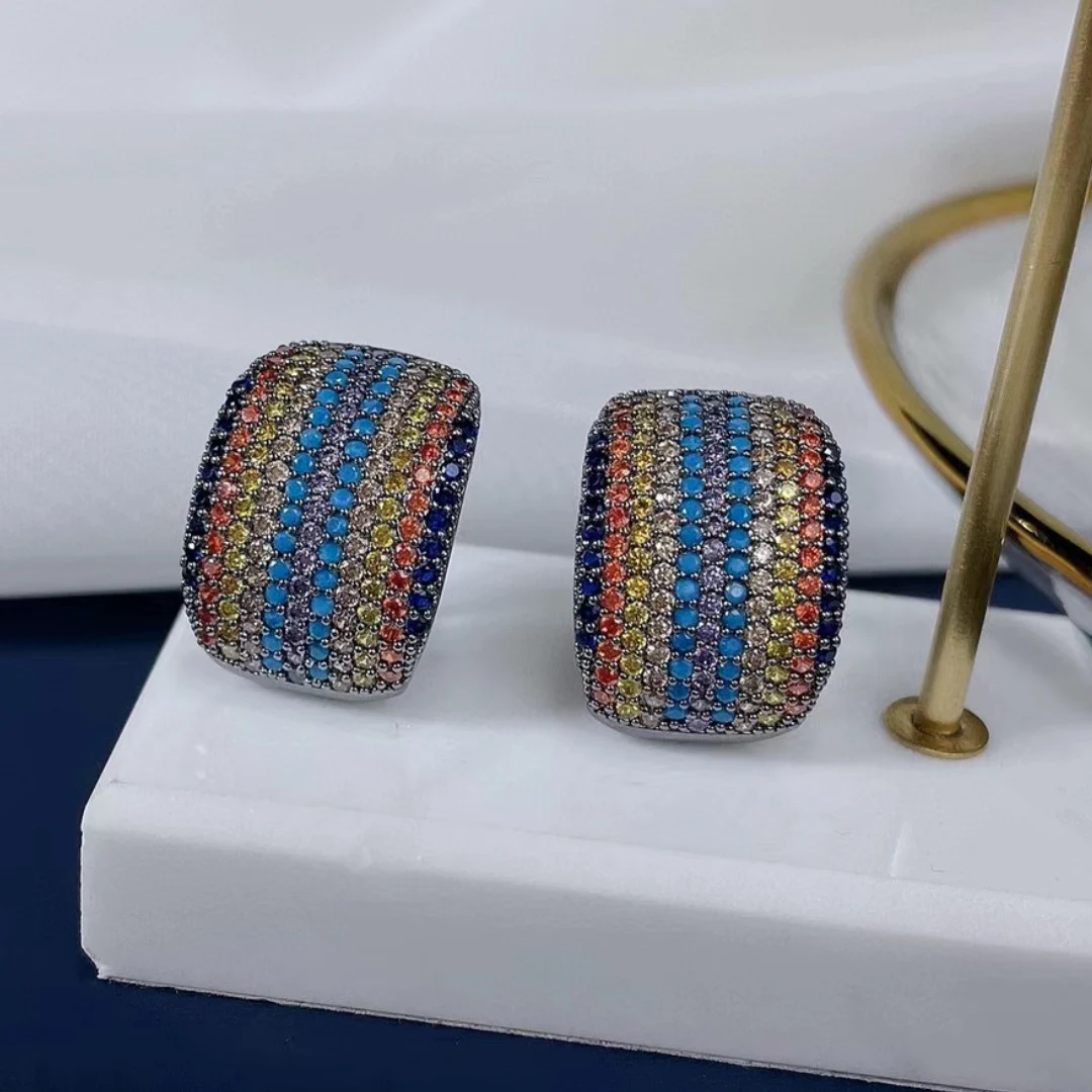 Unique Design C-shaped Earrings with Shiny Colored Zirconia Rectangular Accessories. Baroque Jewelry Girl Party Christmas Gift