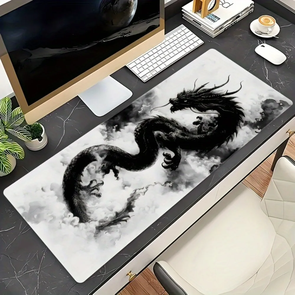 Ink Wash Chinese Dragon Extended Mouse Pad, Large Non-Slip Desk Mat for Asian Culture Lover & Home Office