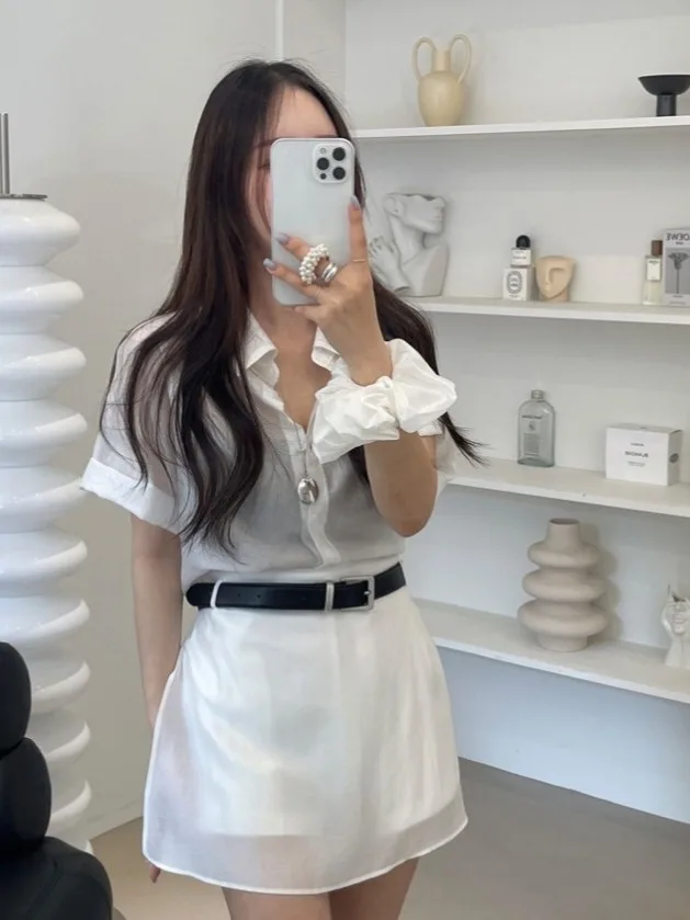 한국 스타일 여성 여름 패션 레트로 스탠드 칼라 쉬폰 셔츠 하이웨이스트 커튼 팬츠 스커트 세트 반팔 버튼업