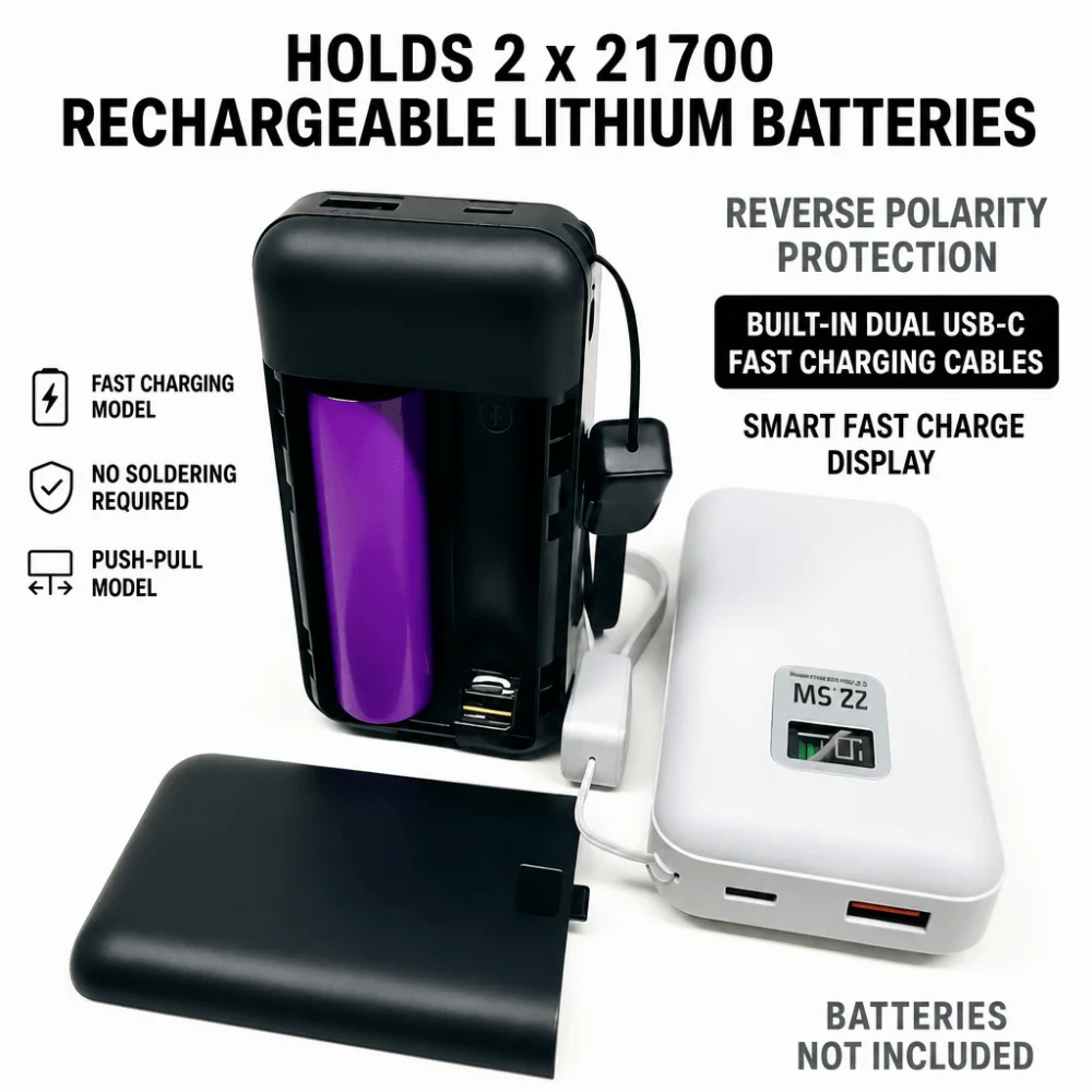 For 2pcs 21700 Batteries Power Bank Case Detachable Empty DIY Power Bank Kit Battery Housing Shell (Batteries Not Included)