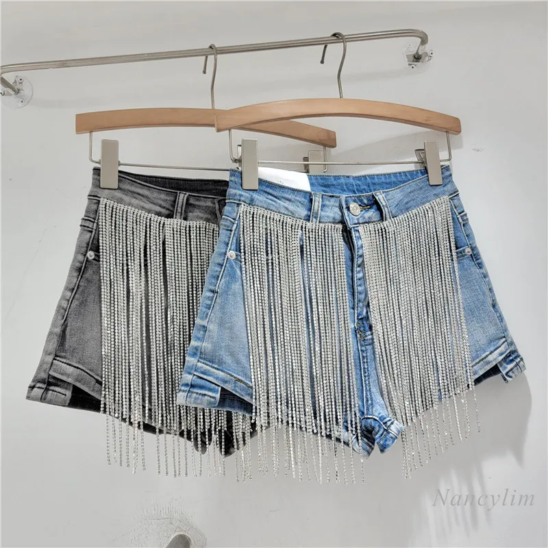 Chain Tassel Heavy Industry Slim Fit Denim Shorts for Women 2024 Spring Summer New Fashion Hot Girl Jean Hot Pants Y2k Shorts