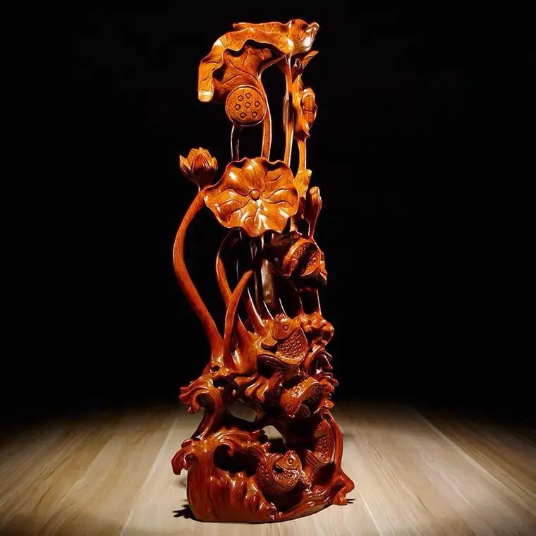 HYS safflower pear has fish root carving and lotus carving ornaments every year, mahogany home decoration handicrafts,