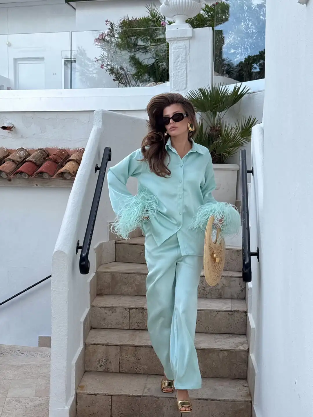 Mint Green Soft Satin Two-piece Outfit Feather Cuff Lapel Shirt Paired With Wide Leg Pants Suitable  Island Vacation Casual Wear