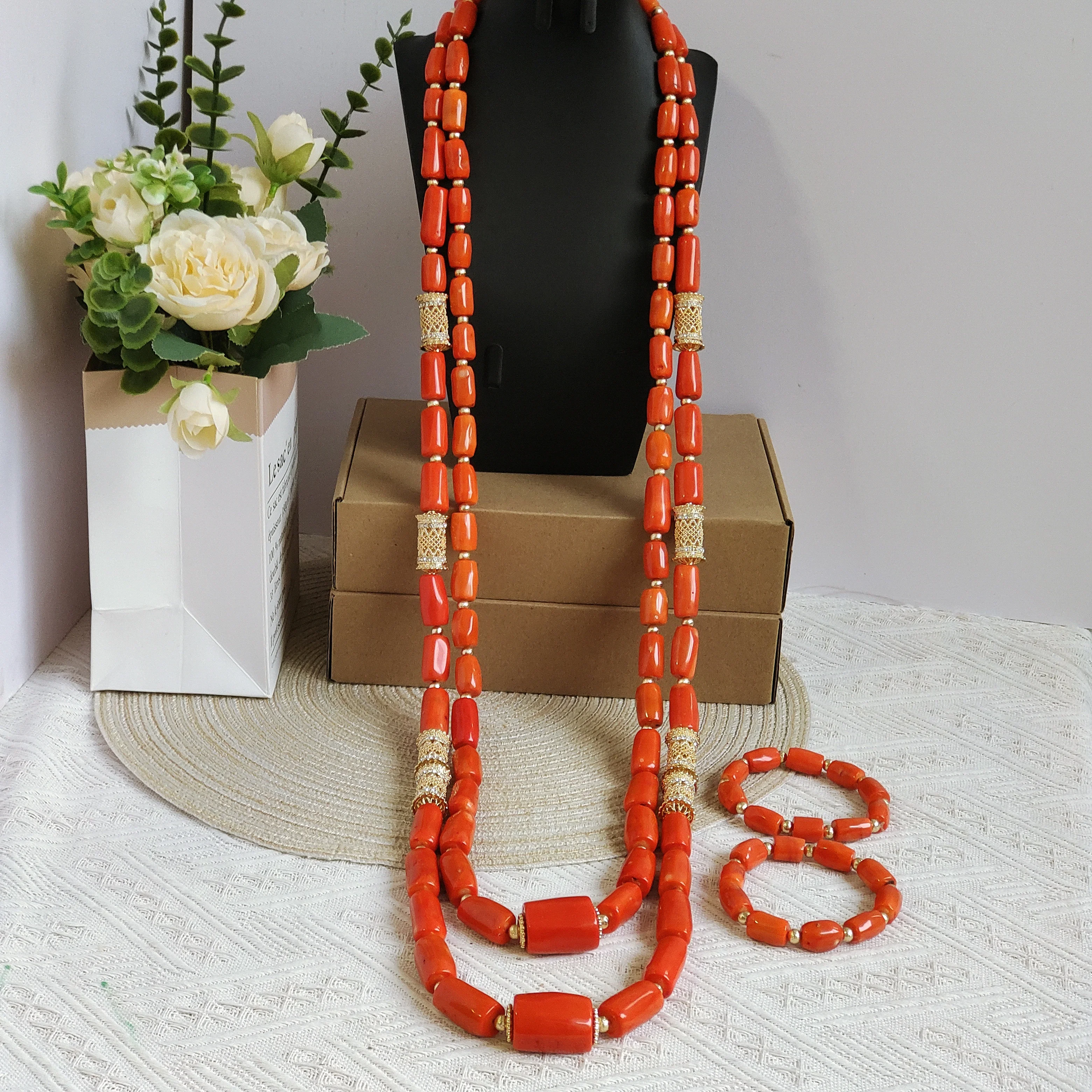 

Laanc 2layers long necklace orange original coral beads jewelry set for men