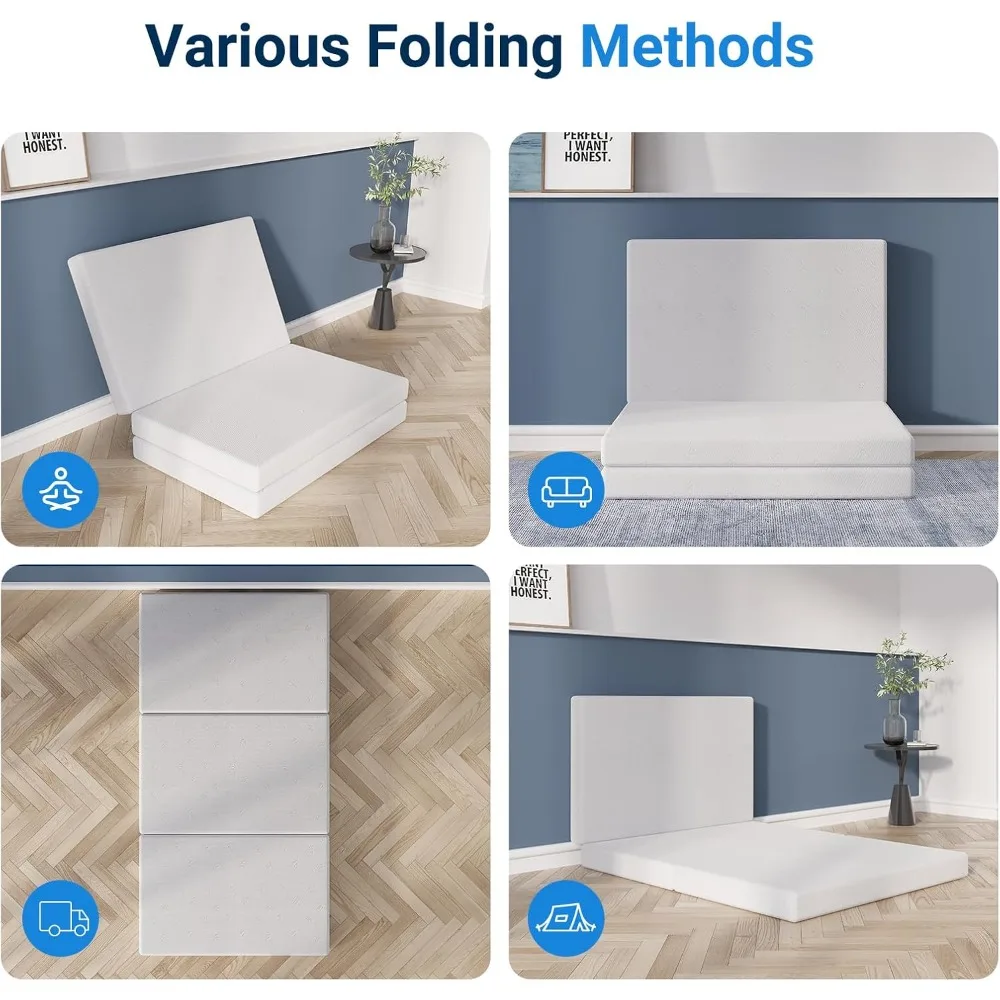 مرتبة إسفنجية الذاكرة ثلاثية الطي مقاس 4 بوصات، غطاء سرير محمول بحجم كوين مع غطاء قابل للتنفس وقابل للغسل، مثالية لغرفة الضيوف #5