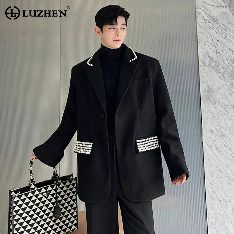 

LUZHEN Pearl Patchwork Design Blazer Coat Men Elegant Fashion Original Luxury 2024 New Trendy Korean Jacket Free Shipping LZ2931