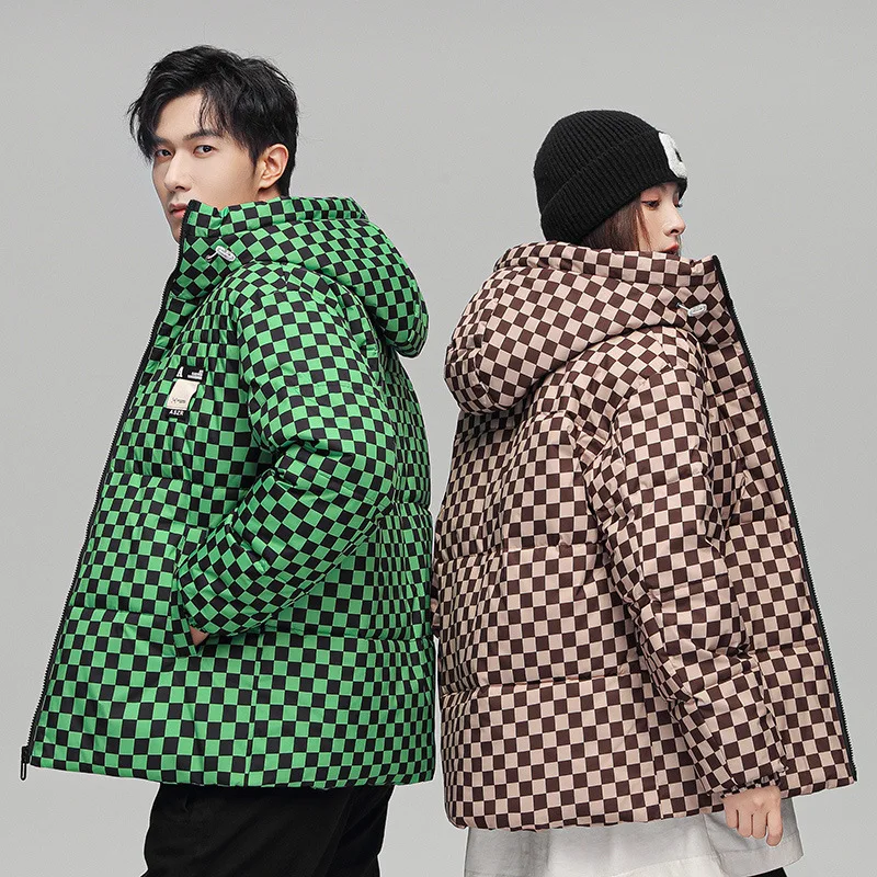 Mens Women Winter Couple Down Coats Mens Casual Loose Plaid Print Hooded White Duck Down Jackets High Quality Thick Warm Outwear