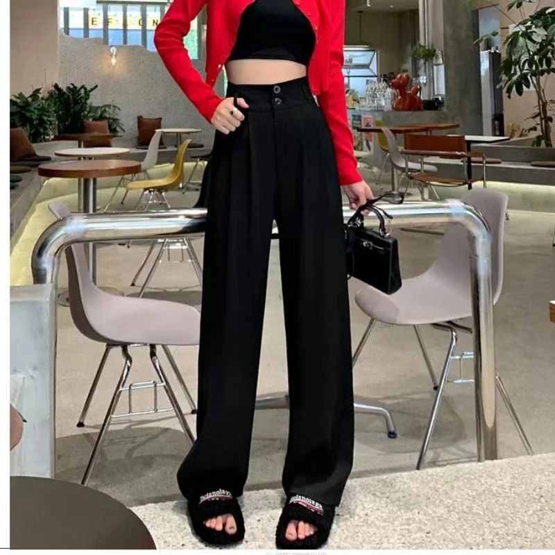 Elegante calças de perna larga feminina estilo coreano cintura alta preto calças largas escritório senhoras moda terno solto streetwear 2024