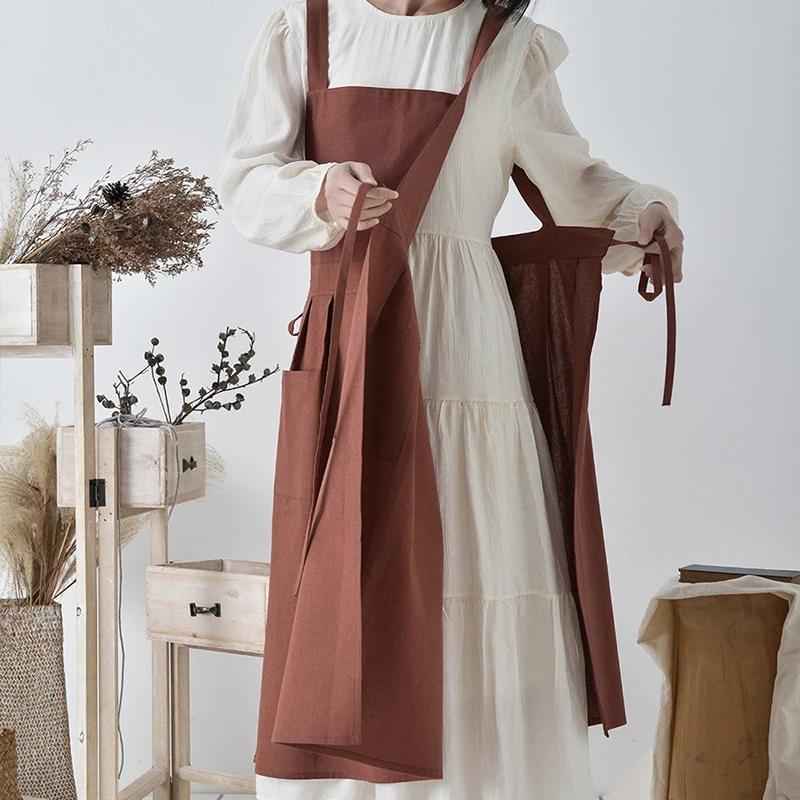 

Women's Plus Size Japanese Style Linen Cotton Apron Cross Back Pinafore with Pockets for Kitchen Restaurant Use