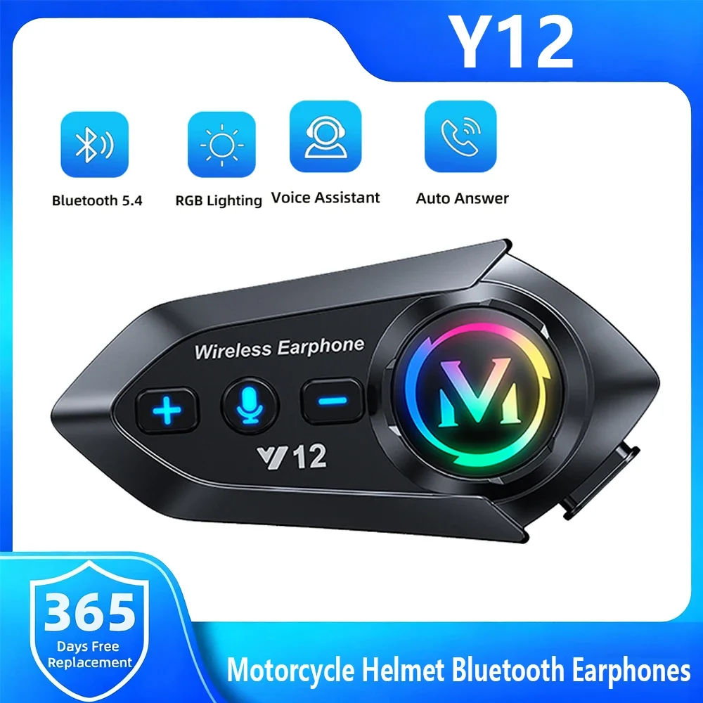 Y12 Motorcycle Helmet Headset Connect 2 Phones CVC Noise Reduction RGB Light Auto Answer HD Sound MP3 FM Radio IP56 Waterproof