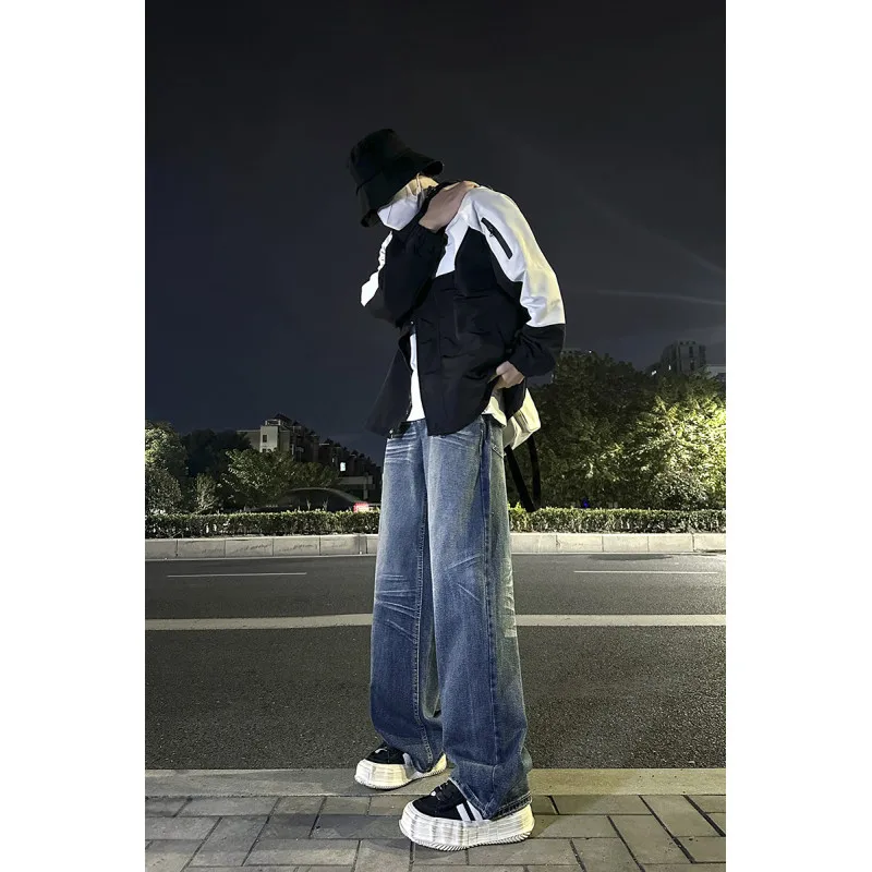 

Retro American Denim Jeans Men's Spring Autumn Trendy High Street Loose Wide Leg Pants Elastic Youthful Wear Resistant