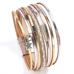 ALLYES Vintage Star Braided Leather Bracelet for Women Colorful Multilayer Slim Strips Wrap Wide Bracelets Party Jewelry Gifts
