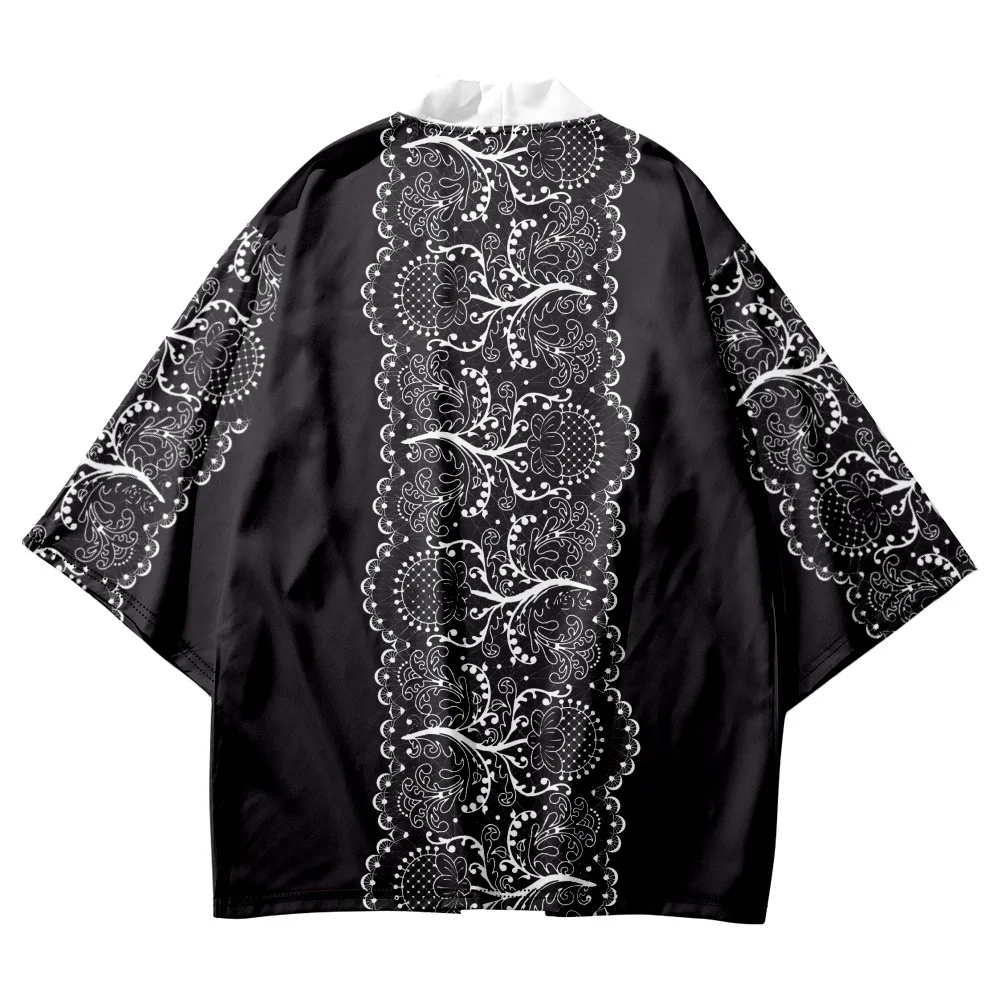 

Fashion Black Print Kimono Japanese Clothes Yukata Samurai Costume Haori Obi Men's Beach Kimono Cardigan Streetwear Jacket