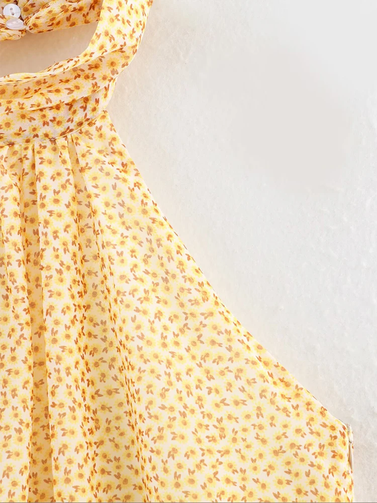 Estilo europeu nova moda feminina versátil temperamento em camadas halter pescoço vestido estampado saia curta