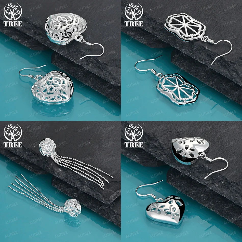 

New 925 Sterling Silver Flower Heart Geometric Pattern Drop Earrings Women's Party Wedding Gift Temperament Jewelry Accessories