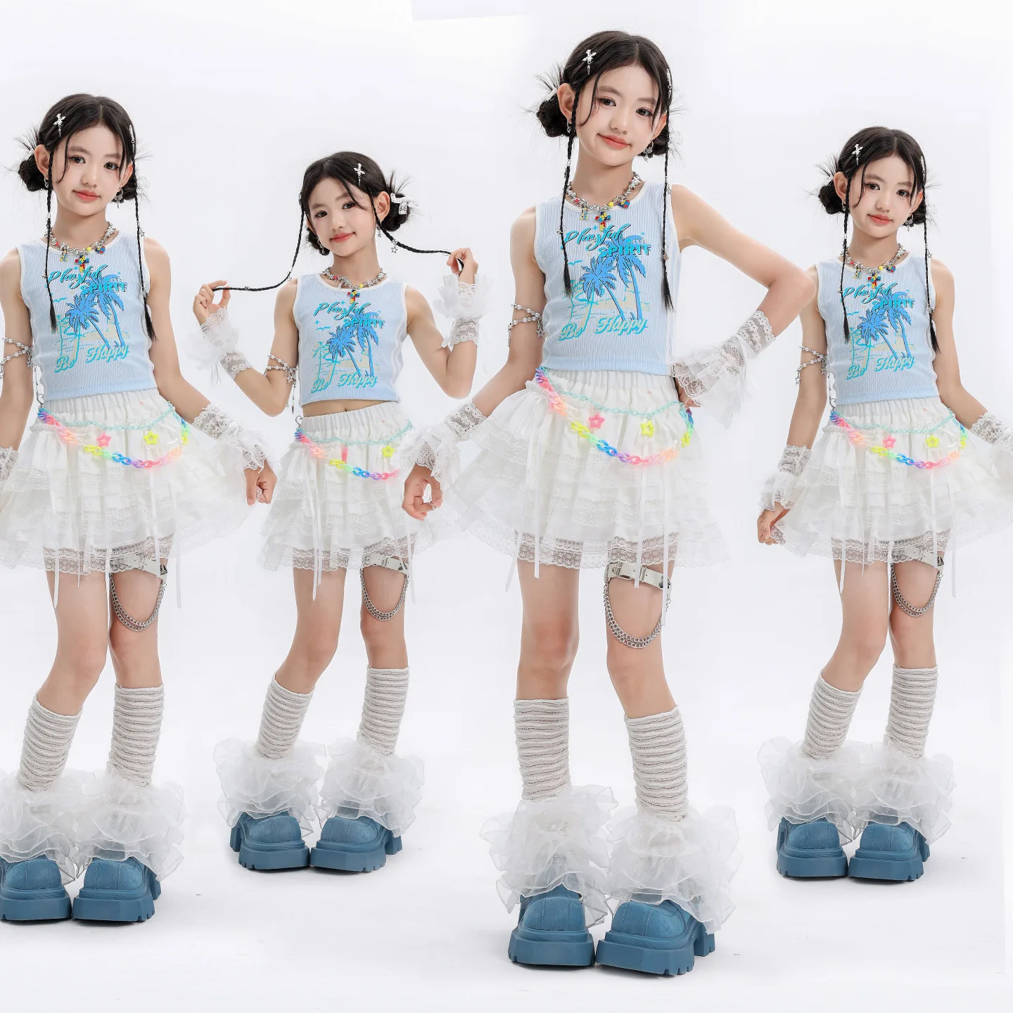 

Kids Girls Pink White Y2K Jazz Dance Costumes Sleeveless Tank Tops White Lace Tulle Skirt Set for Teeange Stage Performance Wear