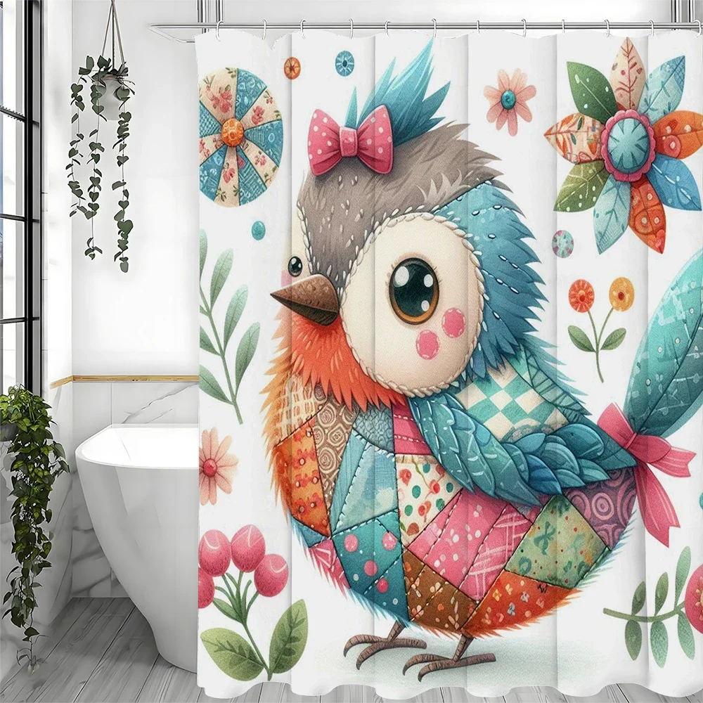 Cute Bird and Flower Collage Art Shower Curtain, Bathroom Decorative Shower Curtain, Waterproof Shower Curtain with Hooks