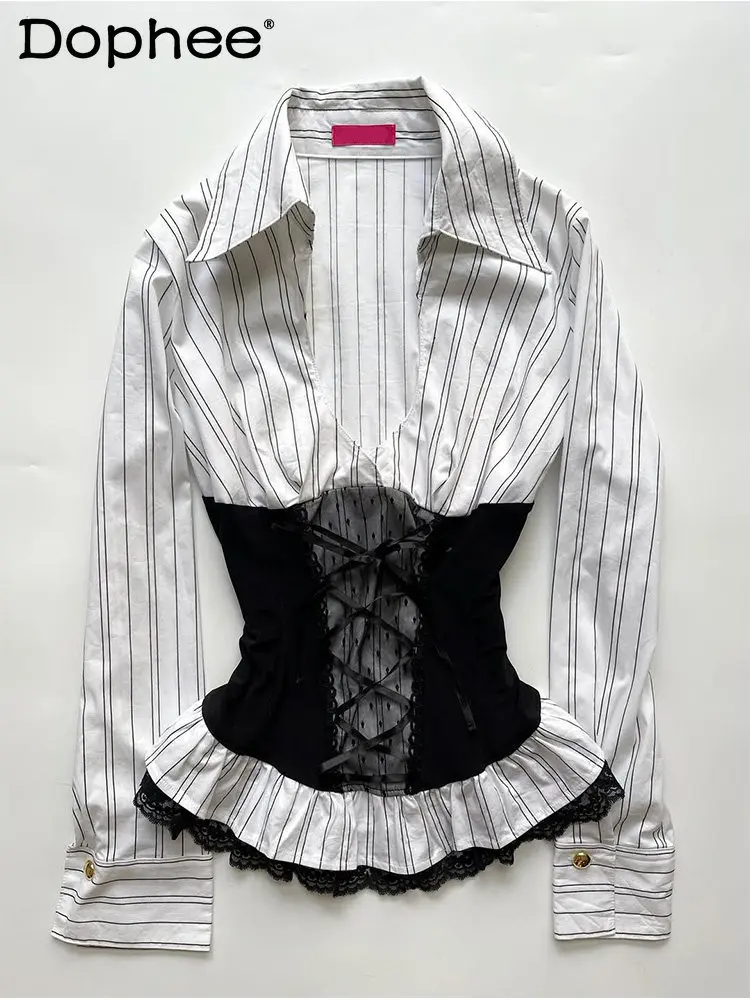 

Новая женская блузка в японском стиле с полосками, кружевной отделкой и рюшами, длинными рукавами, приталенная, для модных девушек, коллекция Весна 2026