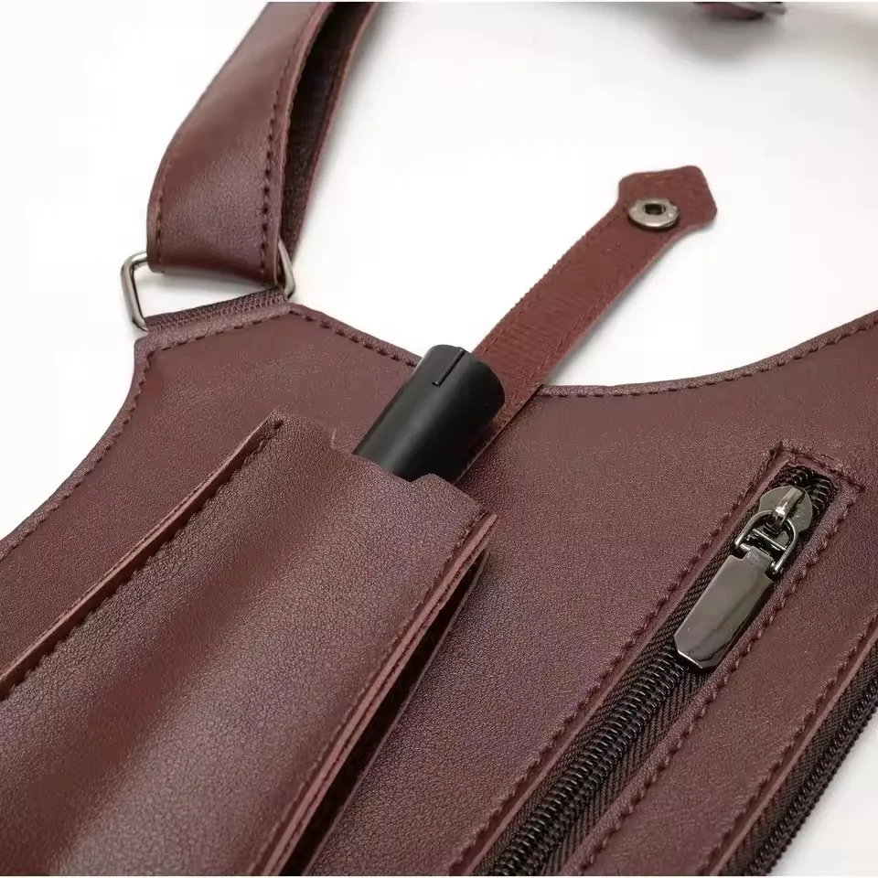 Retro Doppelschulterriemen Taktische Tasche Multi-Taschen Diebstahlsicher Wasserdicht PU Outdoor Reise Wandern Brusttasche für Männer Täglicher Gebrauch – Detail 3
