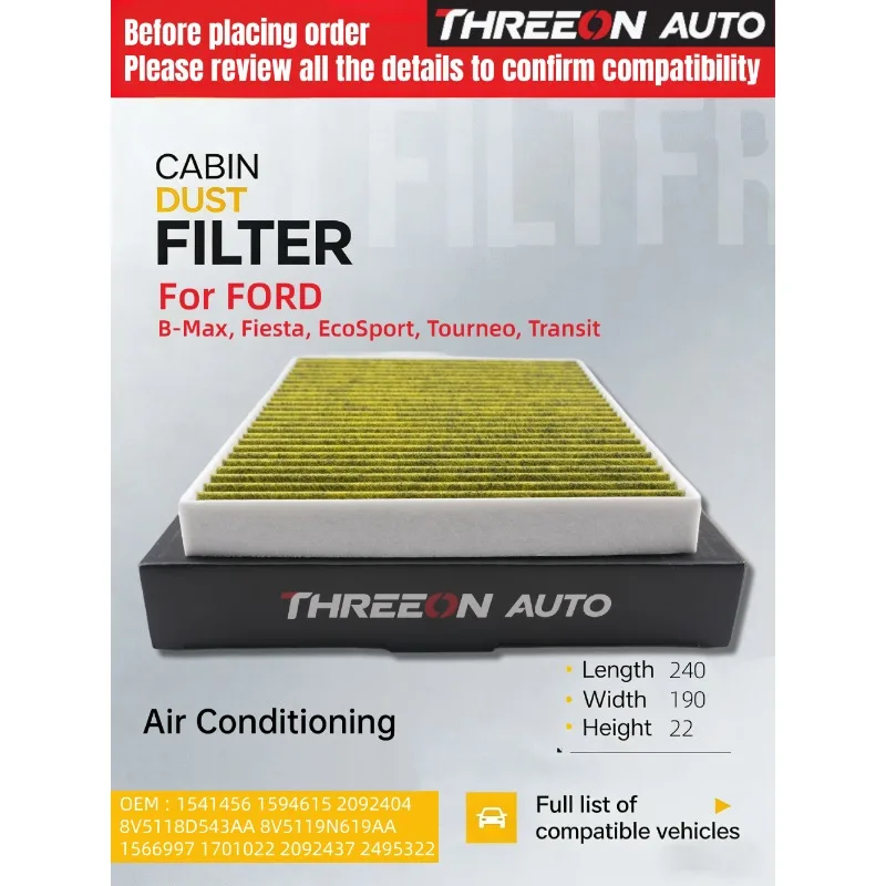 Filtro de Aire de Carbón Activado para Cabina, para FORD Fiesta 5 6 7 ST, Ford TRANSIT COURIER B460, B-MAX (JK), KA+ III, THREEON, CU2436, TOC9543P