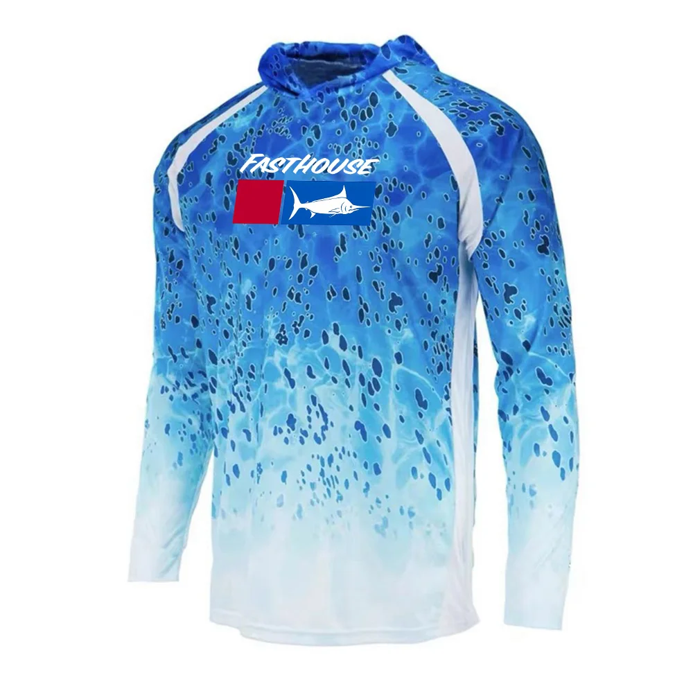 2024 Men's Fishing Shirt Hooded Blue Camouflage Long Sleeve Sunblock UPF 50+ Outdoor Moisture Wicking Jersey Fishing Apparel