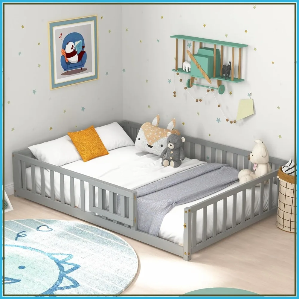 

Full Size Wood Floor Bed with Door & Fence, Safety Guardrails, Slats Support, No Box Spring Needed (Grey)