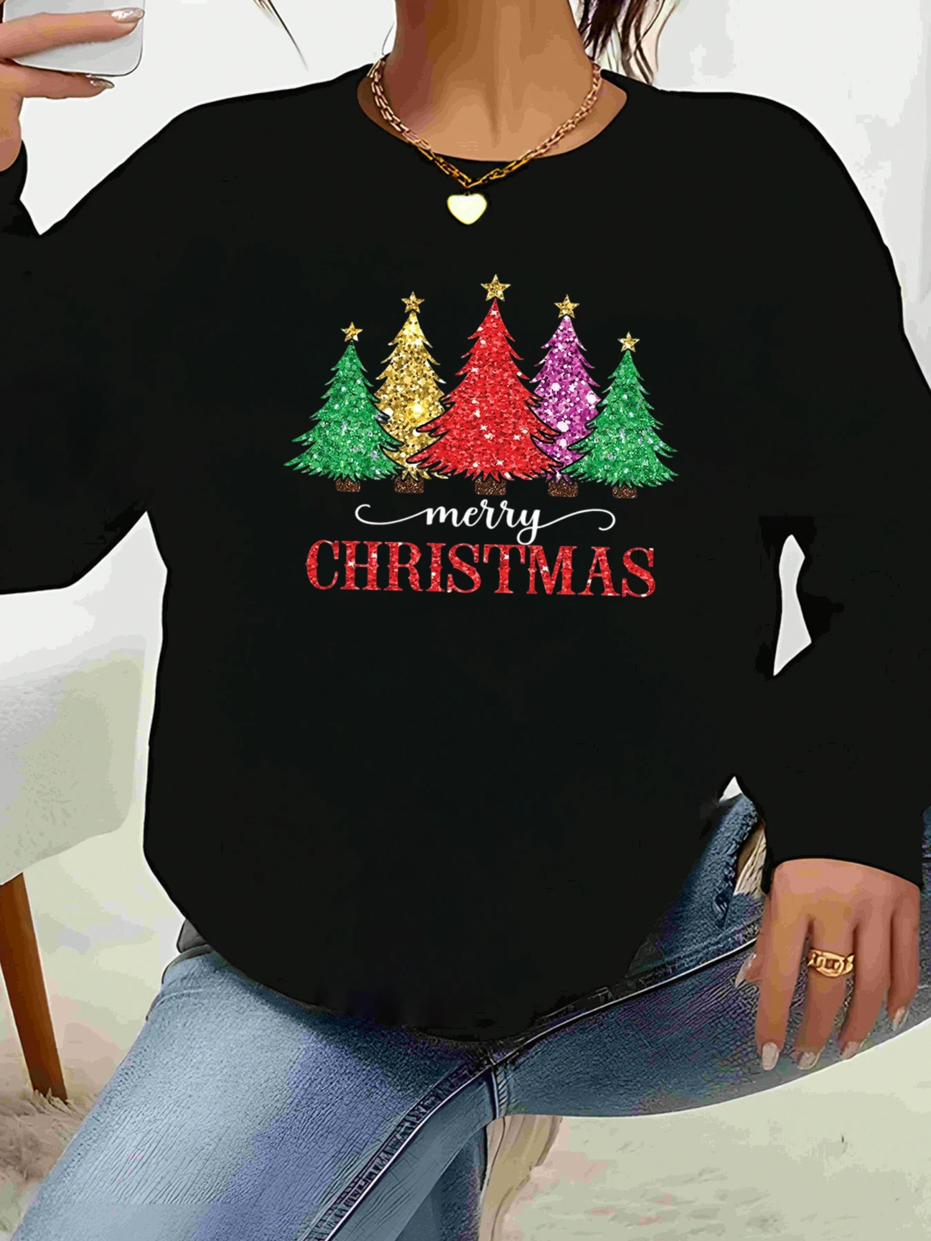 Christmas Tree Glitter Print Merry Christmas Long Sleeve Top Holiday Party Women's Casual Wear