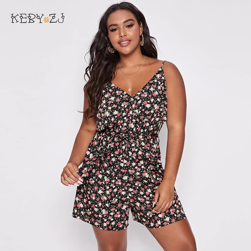 

KEBY ZJ Women's Summer Playsuits Casual Floral Print Elegant Sexy Deep V Sleeveless Female Short Jumpsuit