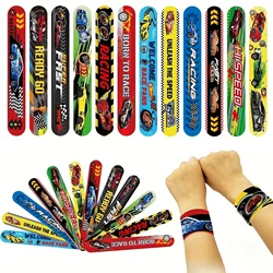 12Pcs Racing Car Theme Slap Circle Glitter Sequins Slap Pop Circle Bracelet For Baby Shower Birthday Party Decor Gifts