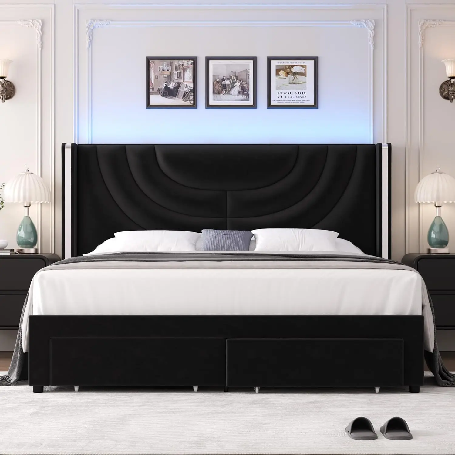 Marco de cama LED acolchado suave con 2 cajones de almacenamiento, cama de plataforma de terciopelo, soporte plano de madera maciza, diseño de empalme de cabecero