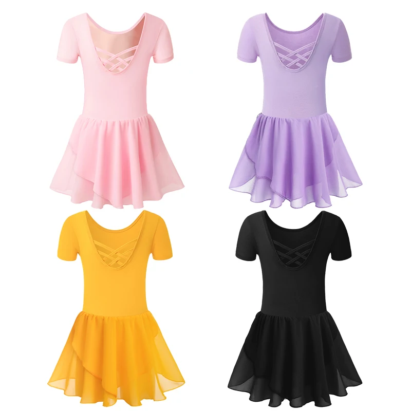 Body da balletto a maniche corte per ragazze con gonna Abito da ballo incrociato sul retro per bambini Abiti da balletto per bambini