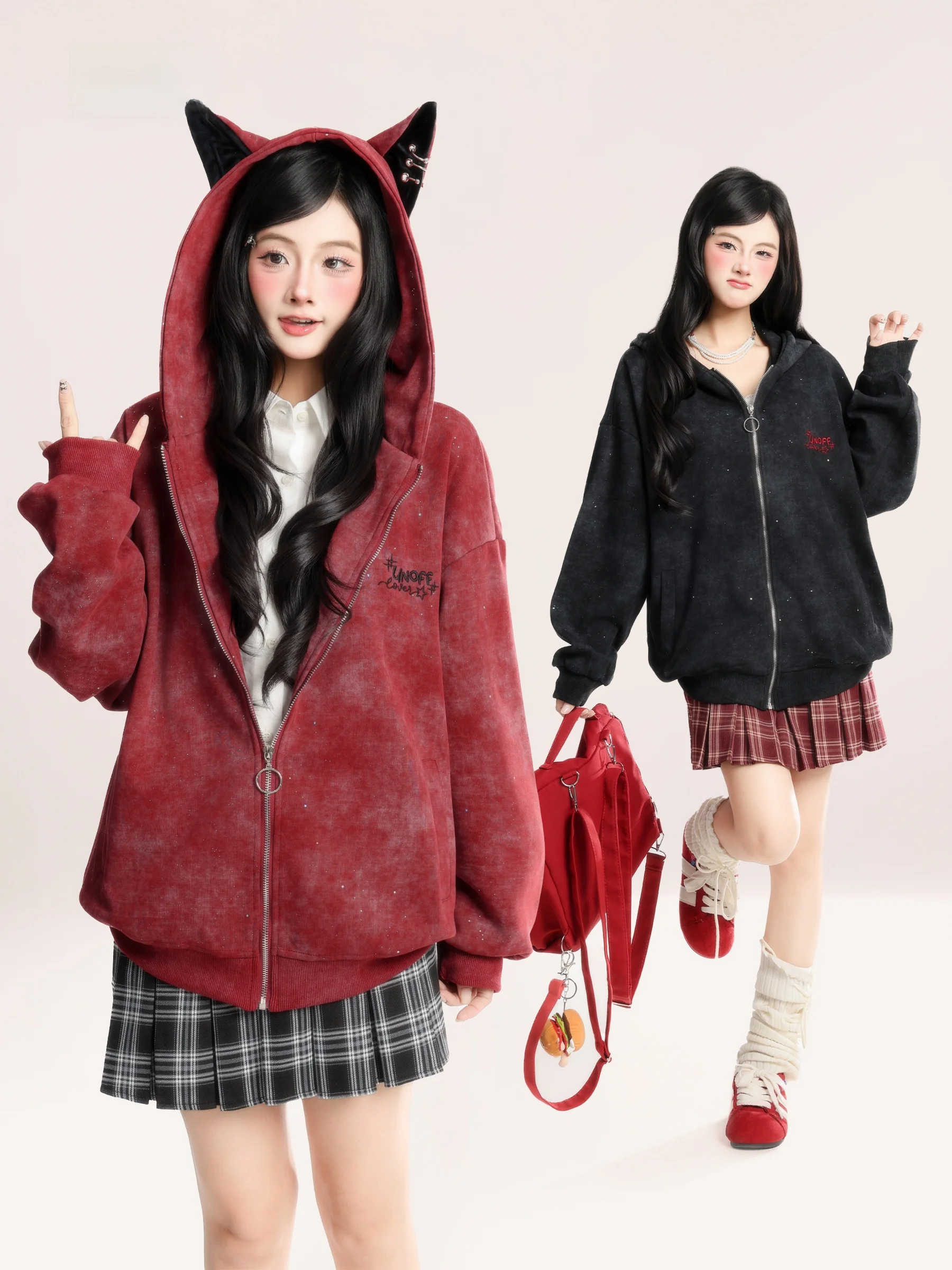 

HM American Retro Demon Horn Hoodie Women's Loose Fit Spring New Design Open Cardigan Jaet Comfortable Cotton Polyester