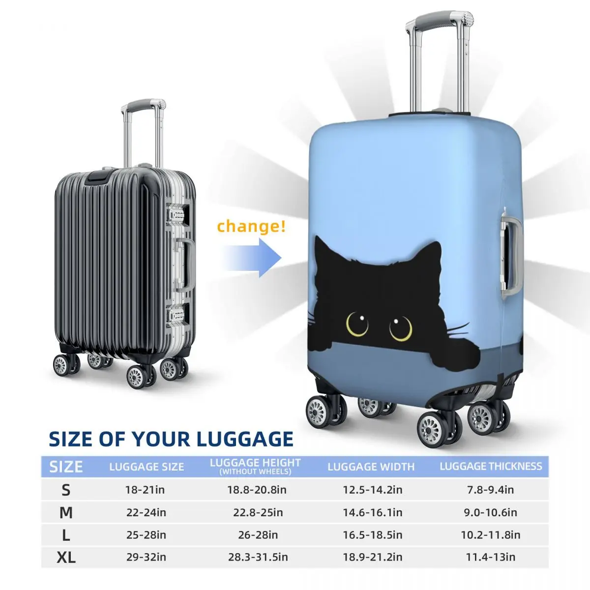 Juste de valise chat noir mignon, étui à bagages utile, protection d\'affaires, imprimé animaux de vacances